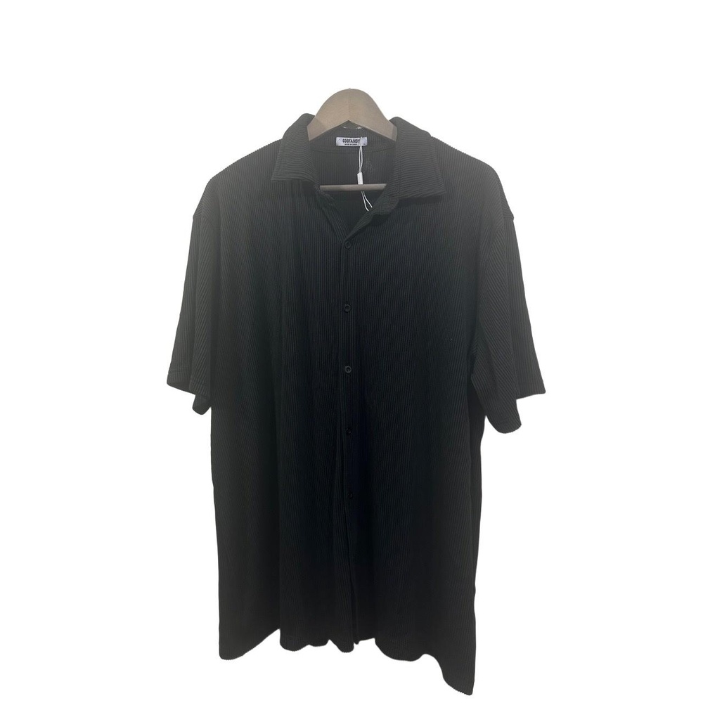 COOFANDY Mens Collared Polo Shirt Size M Black Pleated Ribbed Texture